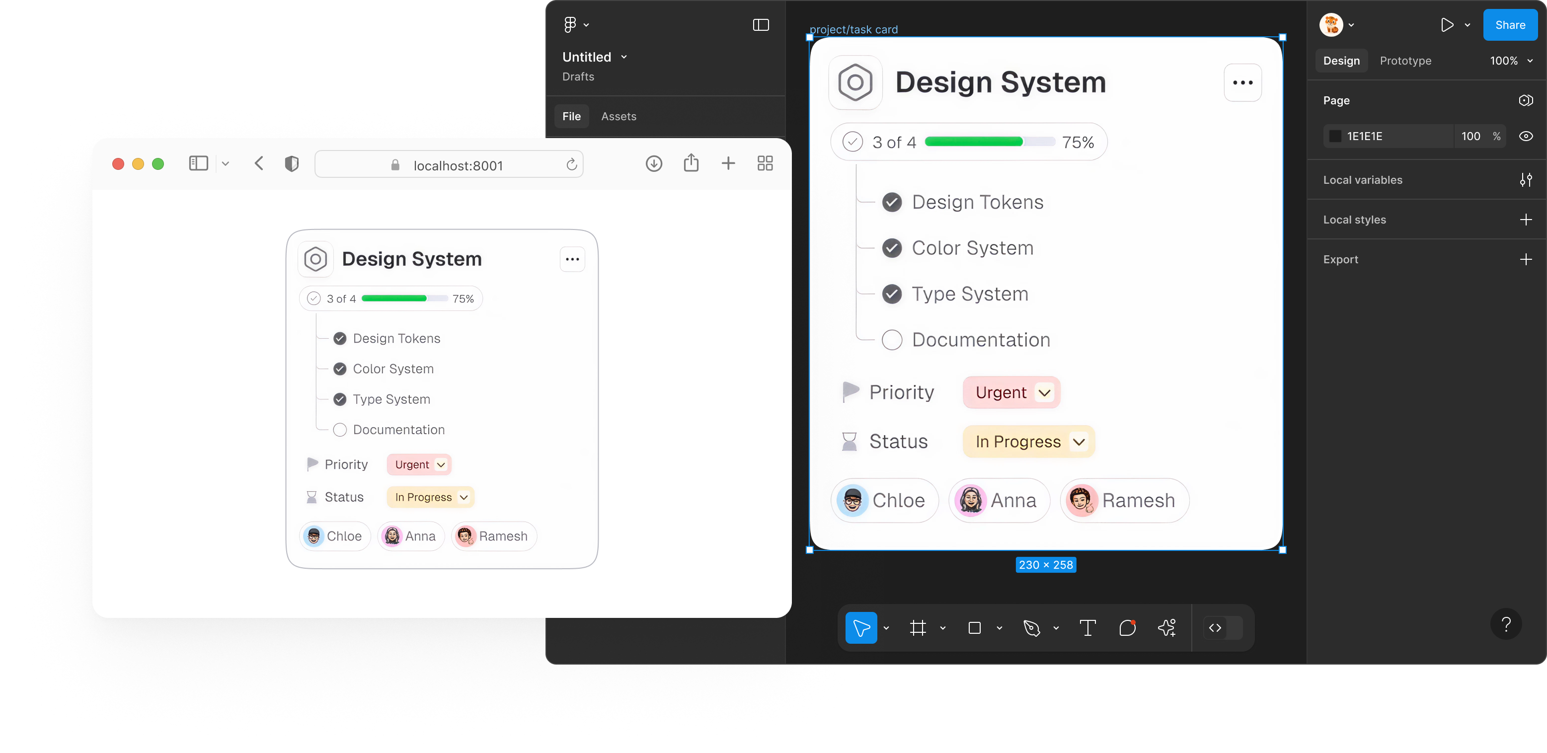 Design system card side-by-side in app and Figma